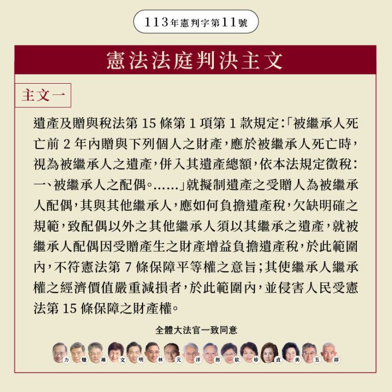 113年憲判字第11號【擬制遺產課稅案】大法官就主文所採立場