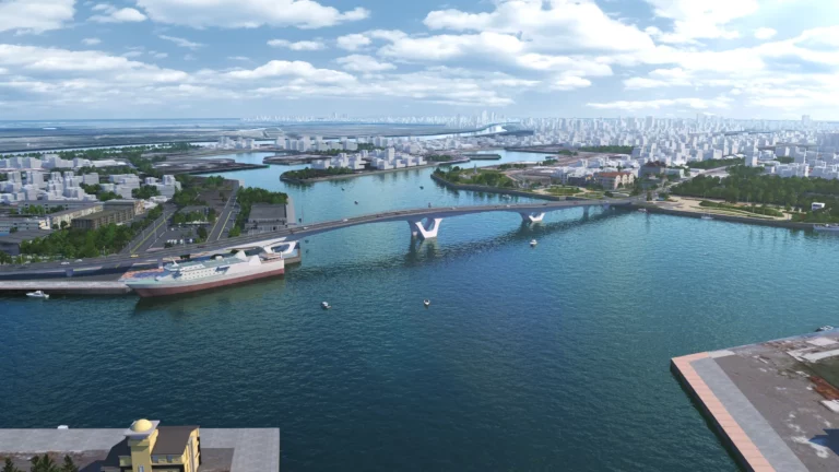 臺南市安平漁港跨港大橋新建工程完工後可提供居民與旅客更便捷的交通路網。