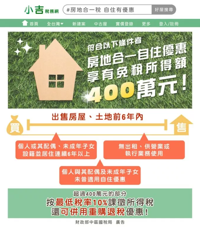 房地合一自住優惠享有免稅額400萬元